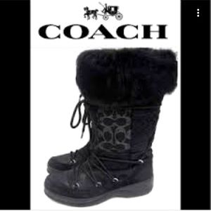 COACH Winter Boots. Black with C design. Soft black rabbit  fur accent at top.